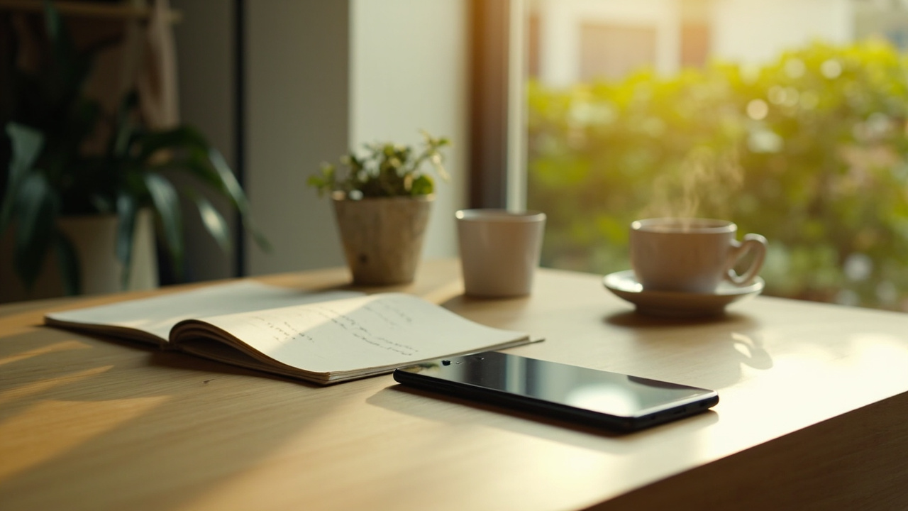 A slim Android phone on a wooden desk beside a steaming cup of chai and an open notebook, used as the laser247 install hero context