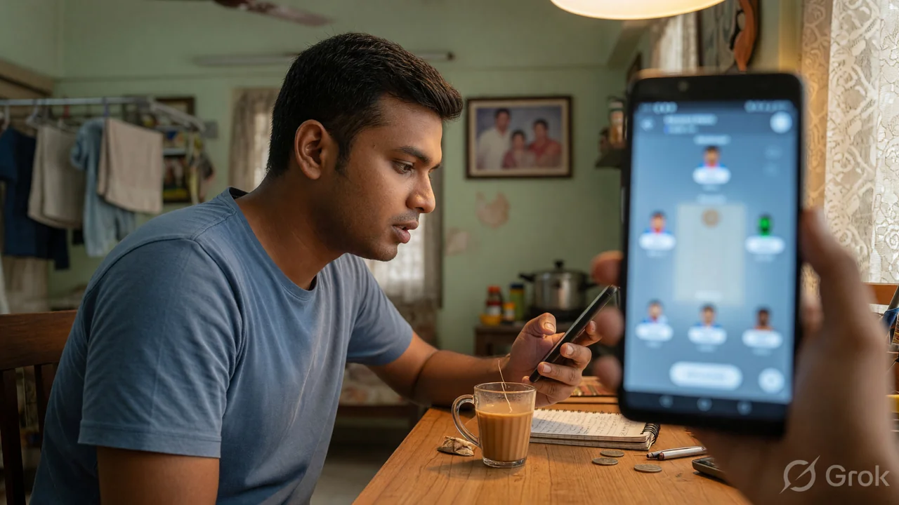 A young man sitting cross-legged in a softly lit apartment, comparing mobile app screens across providers