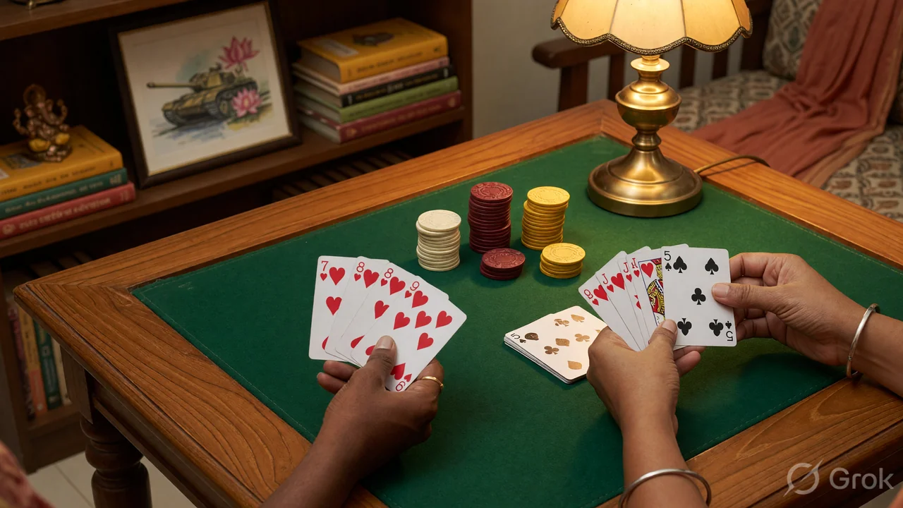 A wooden rummy card table with three adult players mid-deal, viewed from above
